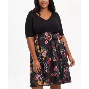Torrid - Black Floral Knit To Woven Skater Midi Dress - 2